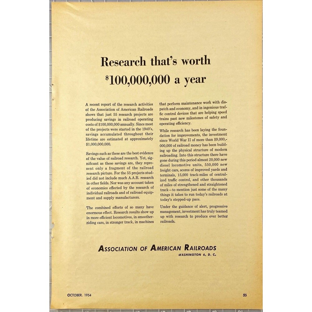 Association of American Railroads "Research Worth $100 Million a Year" Ad 1954